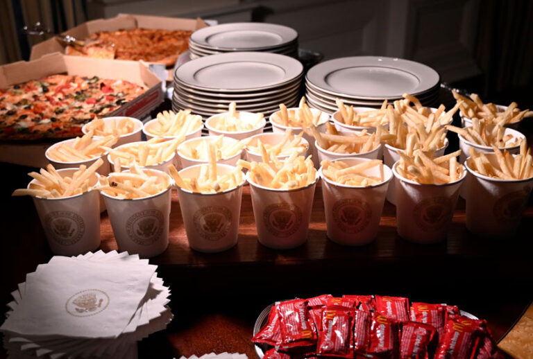 french fries and pizza are some of the fast food items for the reception for the Clemson Tigers in the State Dining Room of the White House in Washington, Jan. 14, 2019. (AP/Susan Walsh)