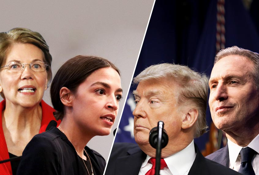 Elizabeth Warren; Alexandria Ocasio-Cortez; Donald Trump; Howard Schultz (Getty/Salon)