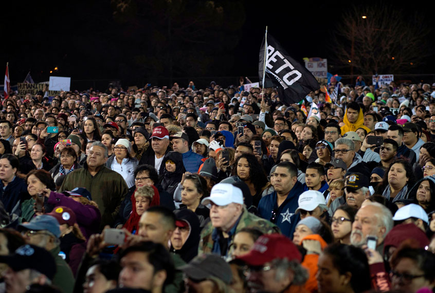 Supporters listen to former Texas Congressman Beto O'Rourke at Chalio Acosta Sports Center at the end of the anti-Trump 'March for Truth' in El Paso, Texas, on February 11, 2019. (Getty/Paul Ratje)