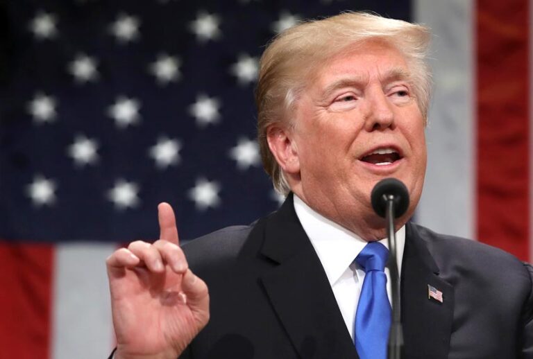Donald Trump gestures during the State of the Union address in the chamber of the US House of Representatives in Washington, DC, on January 30, 2018. (Getty/Win McNamee)