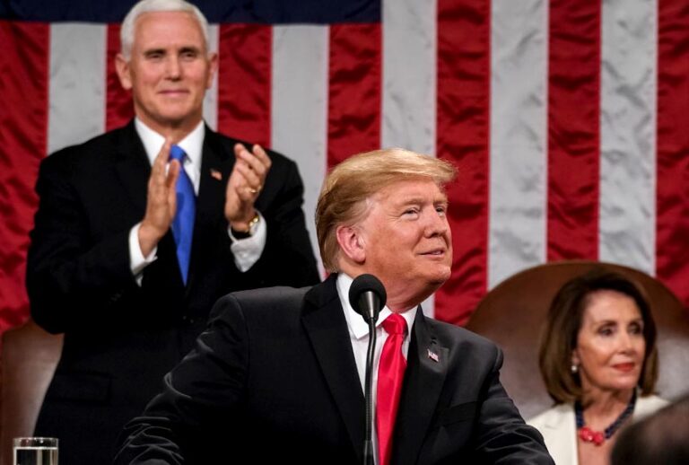 President Donald Trump, with Speaker Nancy Pelosi and Vice President Mike Pence looking on, delivers the State of the Union address in the chamber of the U.S. House of Representatives at the U.S. Capitol Building on February 5, 2019 in Washington, DC. (Getty/Dough Mills)