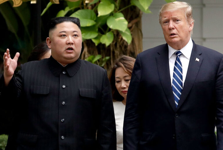 North Korean leader Kim Jong Un and President Donald Trump take a walk after their first meeting at the Sofitel Legend Metropole Hanoi hotel, Thursday, Feb. 28, 2019, in Hanoi. (AP/Evan Vucci)
