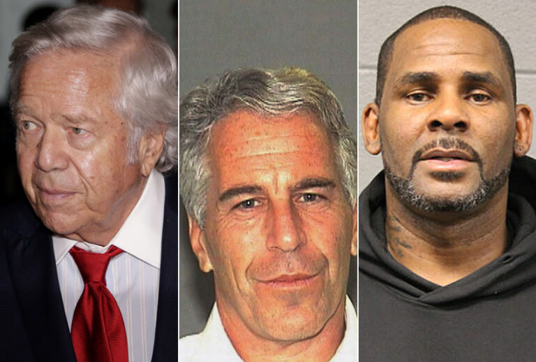 Robert Kraft; Jeffrey Epstein; R. Kelly (AP/Seth Wenig/Palm Beach Sheriff's Office/Chicago Police Dept.)