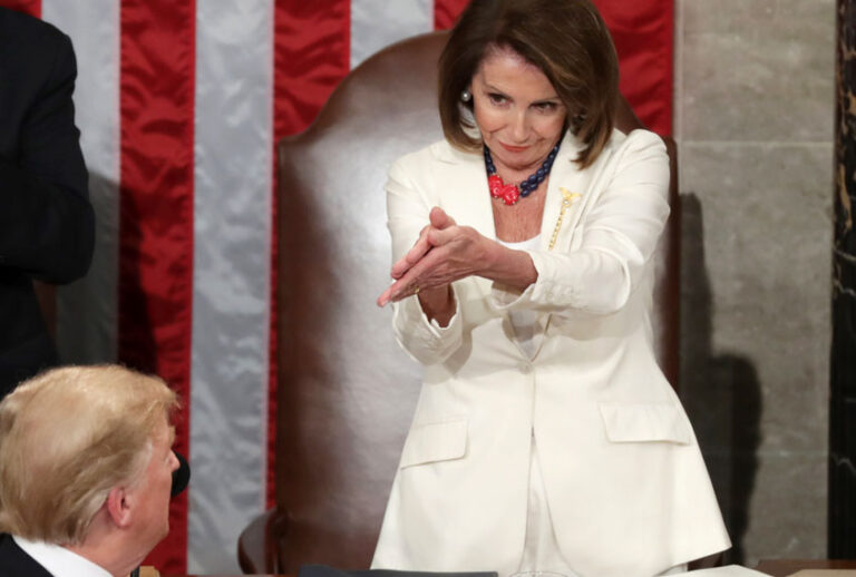 Speaker Nancy Pelosi greets President Donald Trump just ahead of the State of the Union address in the chamber of the U.S. House of Representatives at the U.S. Capitol Building on February 5, 2019 in Washington, DC. (Getty/Chip Somodevilla)