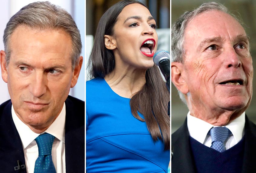 Howard Schultz; Alexandria Ocasio-Cortez; Michael Bloomberg (AP/Richard Drew/Elise Amendola/Getty/Scott Eisen)