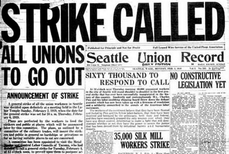 The front page of the Seattle Union Record at the beginning of the Seattle General Strike. (Wikimedia)