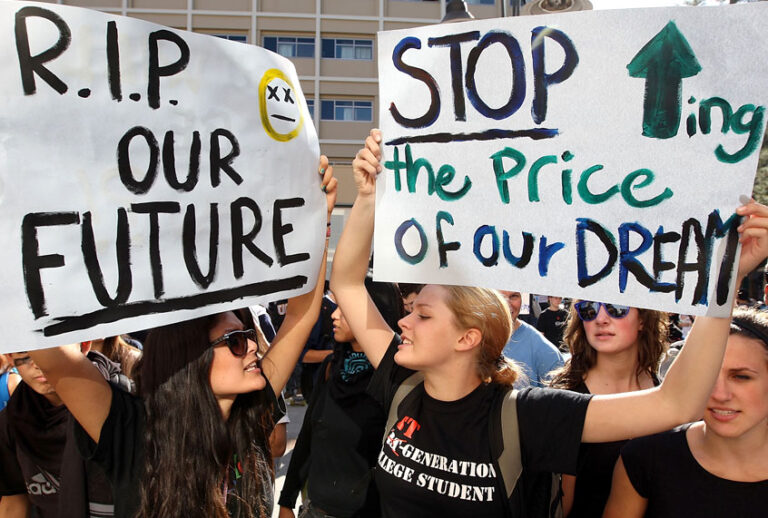UCLA students demonstrate after board members voted to approve a 32 percent tuition hike the following year on November 19, 2009 (Getty/David McNew)