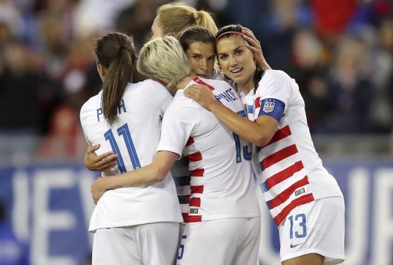 United States' Tobin Heath, second from right, is congratulated on her goal by Mallory Pugh (11), Megan Rapinoe and Alex Morgan (13) during the first half of a SheBelieves Cup soccer match against Brazil in Tampa, Fla. (AP/Mike Carlson)