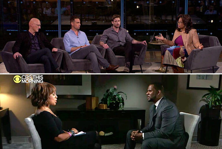 (Above) "After Neverland" with Dan Reed, Wade Robson, James Safechuck and Oprah Winfrey. (Below) Gayle King interviewing R. Kelly. (OWN/CBS)