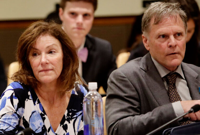 Cindy and Fred Warmbier, parents of Otto Warmbier, an American who died last year, days after his release from captivity in North Korea, wait for a meeting Thursday, May 3, 2018, at the United Nations headquarters. (AP/Frank Franklin II)