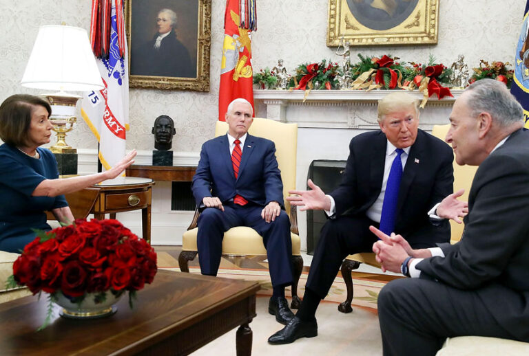 Donald Trump argues about border security with Senate Minority Leader Chuck Schumer and House Minority Leader Nancy Pelosi as Vice President Mike Pence sits nearby in the Oval Office on December 11, 2018 in Washington, DC. (Getty/Mark Wilson)