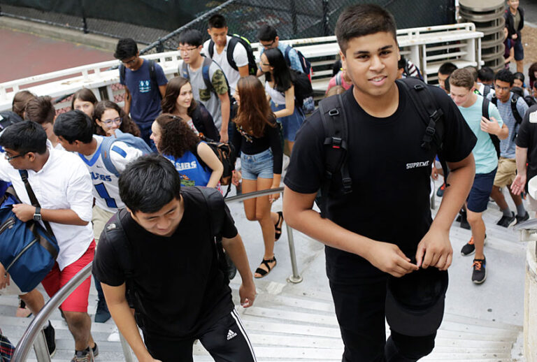 Students arrive for the first day of school at Stuyvesant High School, Wednesday, Sept. 9, 2015 in New York. (AP/Mark Lennihan)