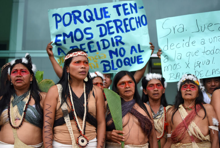 Indigenous Waorani women assembled in Puyo, Ecuador, on March 13, 2019, for a hearing on the lawsuit, which was suspended by the judge. (Sophie Pincetti/Amazon Frontlines)