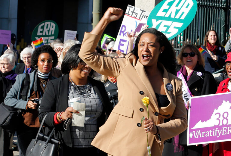 Delegate Jennifer Carroll Foy, D-Price William, cheers on Equal Rights Amendment demonstrators outside the Capitol in Richmond, Va., Wednesday, Jan. 9, 2019.  (AP Photo/Steve Helber) (AP/Steve Helber)