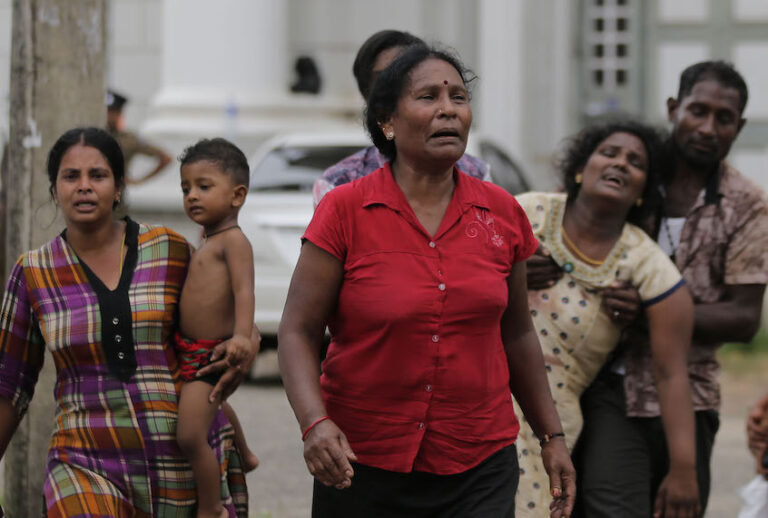 Relatives of a blast victim grieve outside a morgue in Colombo, Sri Lanka, Sunday, April 21, 2019. (AP Photo/Eranga Jayawardena)