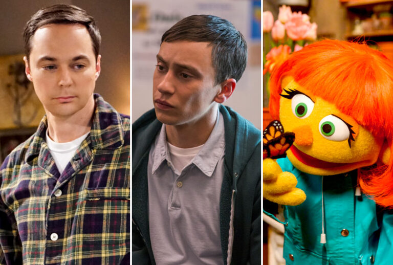 Jim Parsons in "Big Bang Theory;" Keir Gilchrist in "Atypical;" Julia in "Sesame Street" (CBS/Bill Inoshita/Netflix/Beth Dubber/HBO/Zack Hyman)
