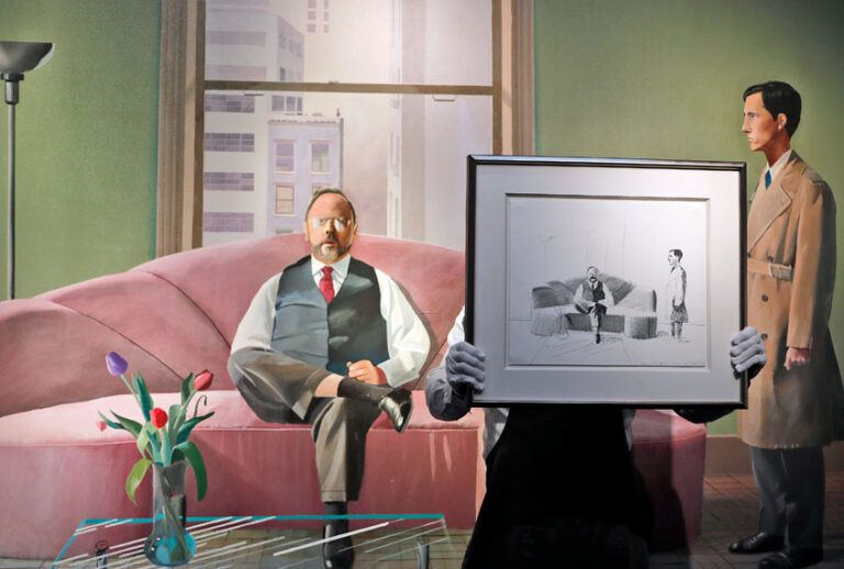 A Christie's employee holds a sketch of David Hockney's painting Henry Geldzahler and Christopher Scott, painted in 1969 displayed in the background, at Christie's auction house in London, Friday, March 1, 2019. (AP/Frank Augstein)