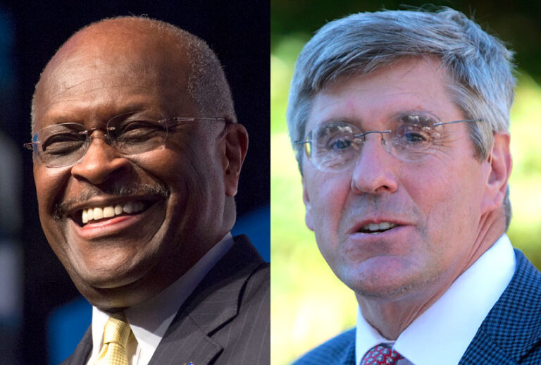 Herman Cain; Stephen Moore (AP/Molly Riley/Gage Skidmore)