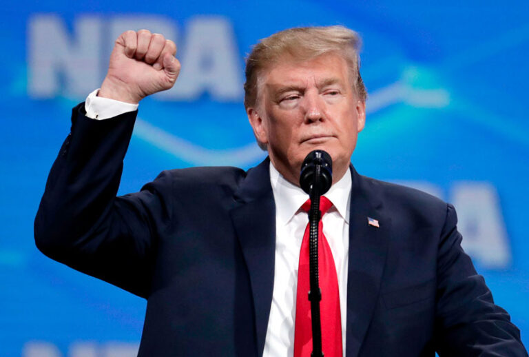 President Donald Trump speaks at the National Rifle Association Institute for Legislative Action Leadership Forum in Lucas Oil Stadium in Indianapolis, Friday, April 26, 2019. (AP/Michael Conroy)