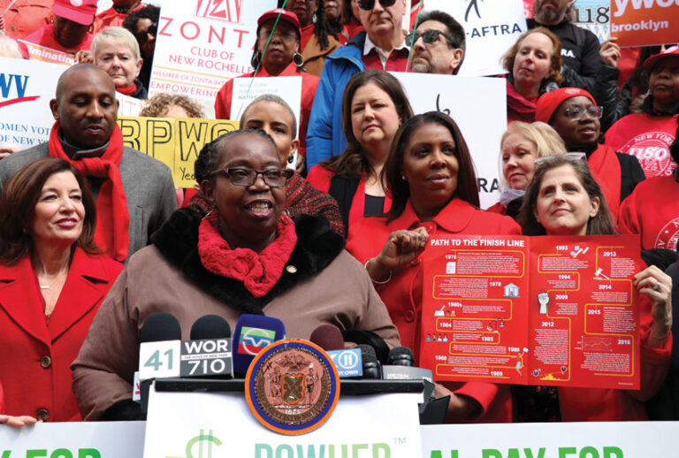 CWA 1180 President Gloria Middleton and New York Attorney General Letitia James on the steps of New York City hall celebrating a landmark pay discrimination case settlement on behalf of female civil servant administrative managers who were cheated close to a quarter of a billion dollars in pay compared to white males doing the same work. (Marci Rosenblum)