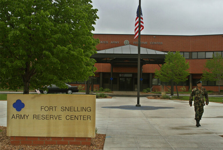 A soldier walks outside The Army Reserve Center at Fort Snelling Friday, May 13, 2005, in Minneapolis. (AP Photo/Janet Hostetter) ((AP Photo/Janet Hostetter))