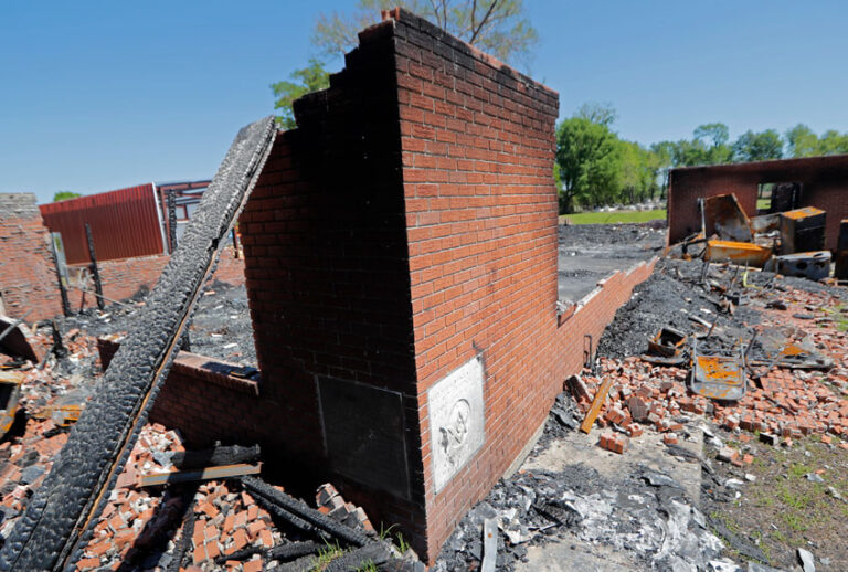 The burnt ruins of the St. Mary Baptist Church, one of three that recently burned down in St. Landry Parish, are seen in Port Barre, La., Wednesday, April 10, 2019. (AP/Gerald Herbert)