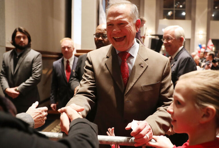Roy Moore arrives for his election night party in the RSA Activity Center on December 12, 2017 in Montgomery, Alabama. (Getty/Joe Raedle)