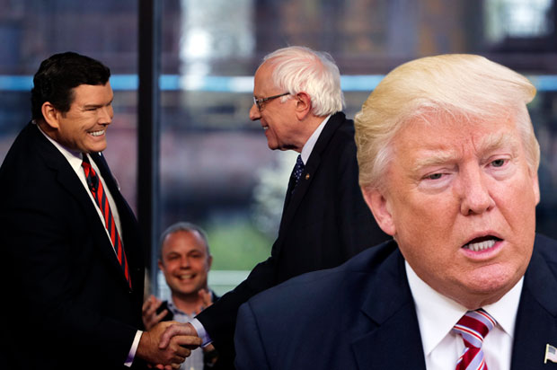 Sen. Bernie Sanders shakes hands with Bret Baier during a Fox News town-hall style event Monday April 15, 2019 in Bethlehem, Pa. (AP/Getty/Salon)