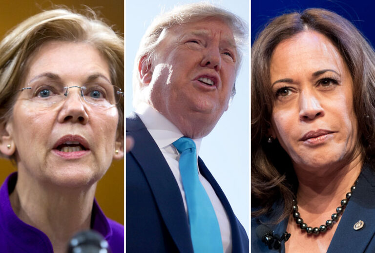 Elizabeth Warren; Donald Trump; Kamala Harris (Getty/Tasos Katopodis/Alex Wong/AP/Sait Serkan Gurbuz)