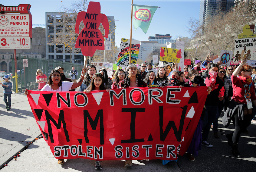 LOS ANGELES, CALIFORNIA - JANUARY 19:  Activists march for missing and murdered Indigenous women at the Women's March California 2019 on January 19, 2019 in Los Angeles, California. Demonstrations are slated to take place in cities across the country in the third annual event aimed to highlight social change and celebrate women's rights around the world. (Photo by Sarah Morris/Getty Images) (Sarah Morris/Getty Images)