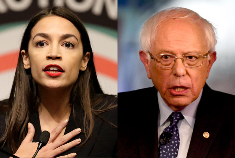 Rep. Alexandria Ocasio-Cortez (D-NY); Sen. Bernie Sanders (I-VT) (AP/Seth Wenig/Getty/Mark Makela)