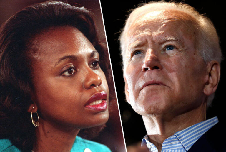 Anita Hill testifies before the Senate Judiciary Committee on the nomination of Clarence Thomas to the Supreme Court on Capitol Hill in Washington, D.C., Friday, Oct. 11, 1991; Joe Biden (AP/John Duricka/Charlie Neibergall)