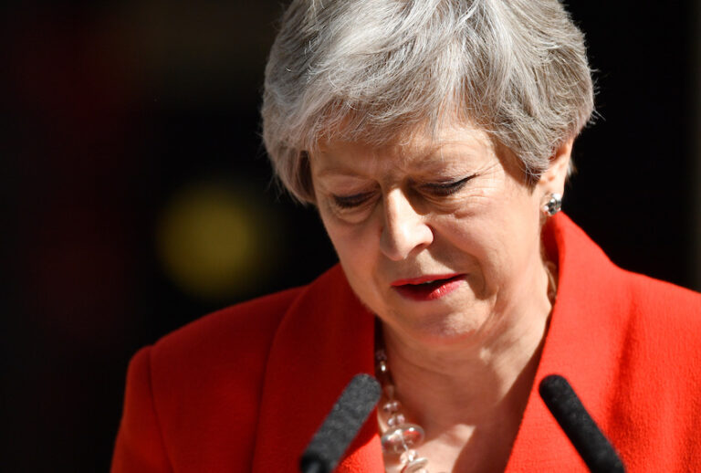 Prime Minister Theresa May makes a statement outside 10 Downing Street on May 24, 2019 in London, England. The prime minister has announced that she will resign on Friday, June 7, 2019. (Leon Neal/Getty Images)