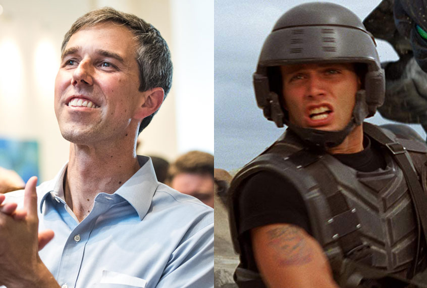 Former Rep. Beto ORourke (D-TX); Casper Van Dien in "Starship Troopers" (Getty/Sean Rayford/TriStar Pictures)