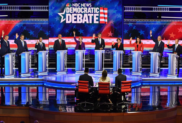 Democratic presidential hopefuls New York City Mayor Bill de Blasio, Rep. Tim Ryan (D-OH), former US Secretary of Housing and Urban Development Julian Castro, Sen. Cory Booker (D-NJ), Sen. Elizabeth Warren (D-MA), former Texas Rep. Beto O'Rourke, Sen. Amy Klobuchar (D-MN), Rep. Tulsi Gabbard (D-HI), Washington Governor Jay Inslee and former Maryland Rep. John Delaney participate in the first Democratic primary debate of the 2020 presidential campaign season in Miami, Florida, June 26, 2019. (Getty/)
