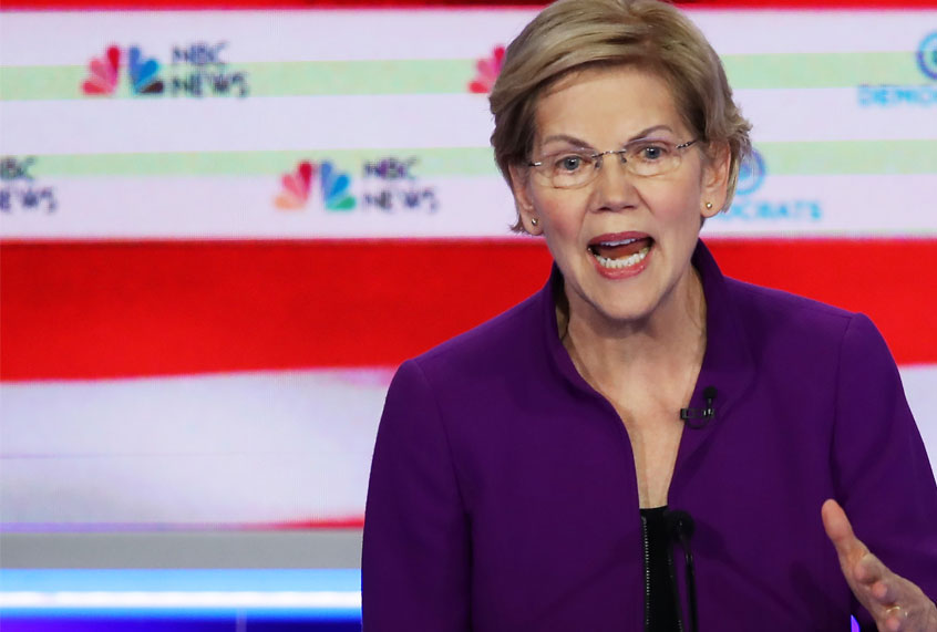 Sen. Elizabeth Warren (D-MA) speaks during the first night of the Democratic presidential debate on June 26, 2019 in Miami, Florida. (Getty/Joe Raedle)