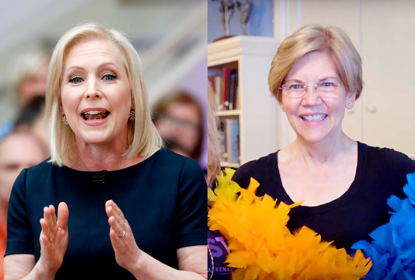 Democratic presidential candidate Sen. Kirsten Gillibrand speaks during a FOX News town hall, Sunday, June 2, 2019, in Dubuque, Iowa; Elizabeth Warren marches in the 2018 Boston Pride Parade (AP/Charlie Neibergall/YouTube/ElizabethForMA)