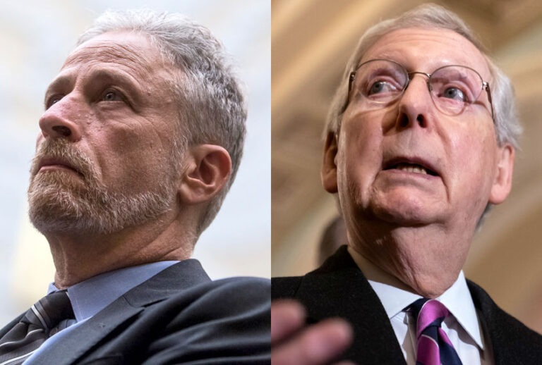 Jon Stewart; Mitch McConnell (Getty/Zach Gibson/AP/J. Scott Applewhite)