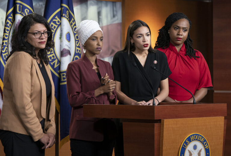 From left, Rep. Rashida Tlaib, D-Mich., Rep. llhan Omar, D-Minn., Rep. Alexandria Ocasio-Cortez, D-N.Y., and Rep. Ayanna Pressley, D-Mass. (AP Photo/J. Scott Applewhite)