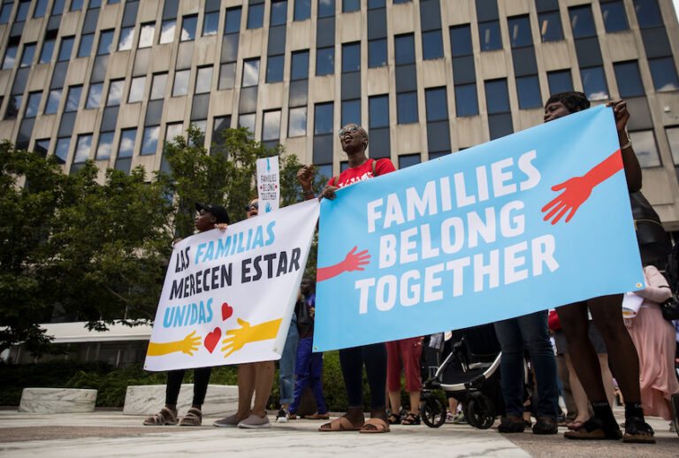 Activists, including childcare providers, parents and their children, protest against the Trump administrations recent family detention and separation policies for migrants along the southern border, near the New York offices of U.S. Immigration and Customs Enforcement (ICE), July 18, 2018 in New York City. (Drew Angerer/Getty Images)