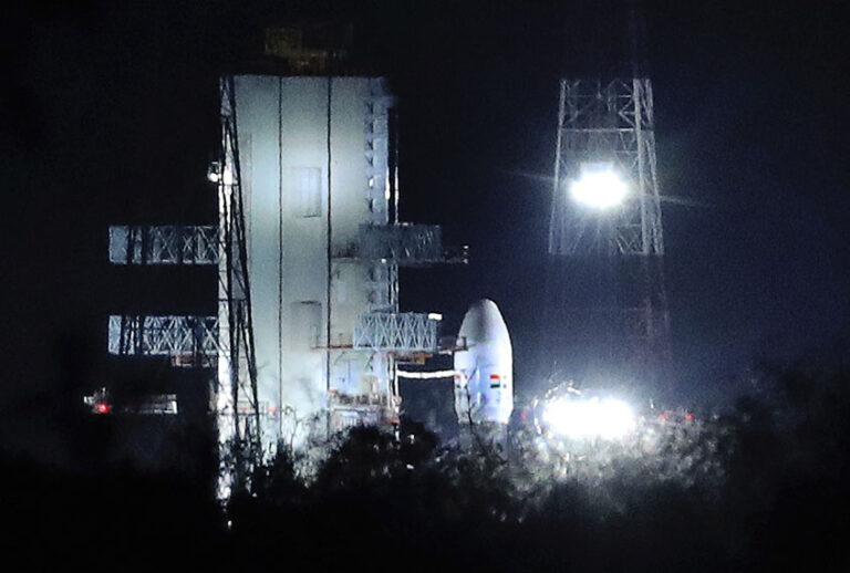 Indian Space Research Organization (ISRO)'s Geosynchronous Satellite launch Vehicle (GSLV) MkIII carrying Chandrayaan-2 stands at Satish Dhawan Space Center after the mission was aborted at the last minute at Sriharikota, in southern India, Monday, July 15, 2019. (AP/Manish Swarup)
