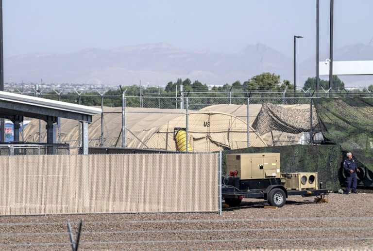Military tents used to house migrants are pictured at the US Customs and Border Protection facility is seen in Clint, Texas, on June 26, 2019. - The site held about 250 children in crowded cells, with limited sanitation and medical attention, as reported by a group of lawyers able to tour the facility under the Flores Settlement. (Getty/Paul Ratje)