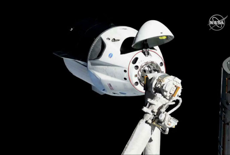 In this Sunday, March 3, 2019 file photo provided by NASA, the SpaceX Crew Dragon is pictured about 20 meters (66 feet) away from the International Space Station's Harmony module. (NASA via AP)