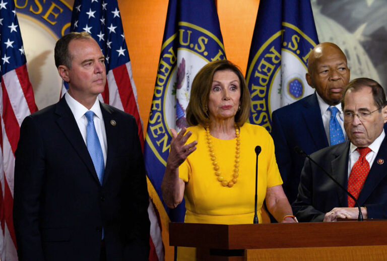 House Speaker Nancy Pelosi, flanked by House Intelligence Committee Chairman Adam Schiff, House Oversight and Reform Committee Chairman Elijah Cummings, and House Judiciary Committee Chairman Jerry Nadler, delivers a press conference following the former Special Counsel's testimony before the House Select Committee on Intelligence in Washington, DC, on July 24, 2019. (Getty/ANDREW CABALLERO-REYNOLDS)