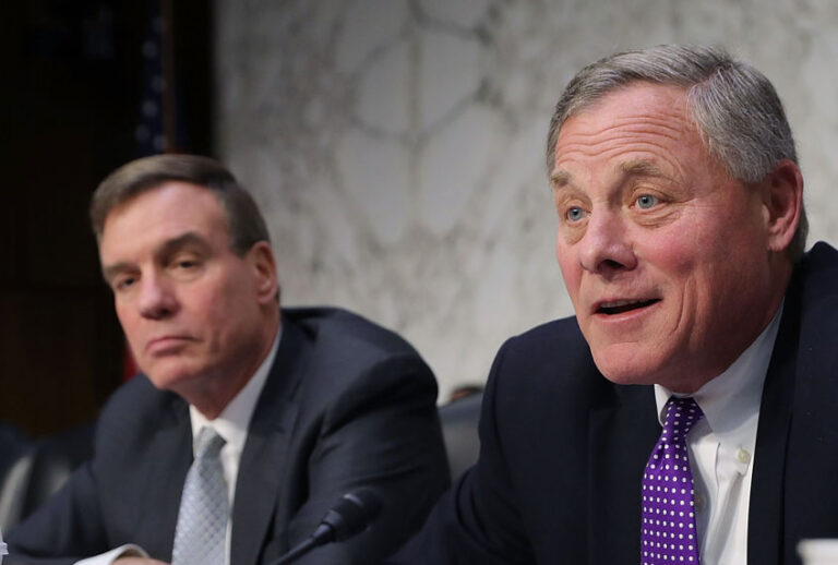 Senate Intelligence Committee ranking member Sen. Mark Warner (D-VA) and Chairman Richard Burr (R-NC) make statements at the close of a hearing with intelligence officials, including the heads of the FBI, CIA and NSA, in the Hart Senate Office Building on Capitol Hill February 13, 2018 in Washington, DC. (Getty/Chip Somodevilla)