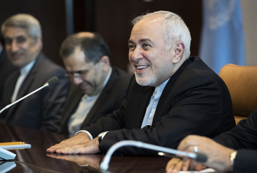 NEW YORK, NY - JULY 18: Mohammad Javad Zarif (R), the foreign minister of Iran, smiles as he arrives for a meeting with UN Secretary-General Antonio Guterres at United Nations headquarters, July 18, 2019 in New York City. (Drew Angerer/Getty Images)