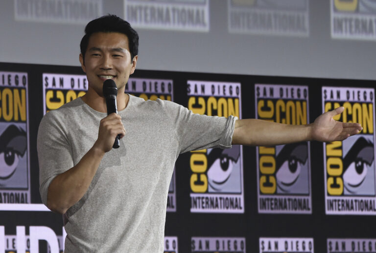 Simu Liu speaks during the "Shang-Chi and The Legend of the Ten Rings" portion of the Marvel Studios panel on day three of Comic-Con International on Saturday, July 20, 2019, in San Diego. (Chris Pizzello/Invision/AP)