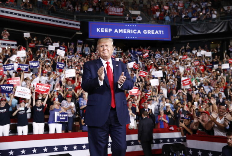 President Donald Trump arrives to speaks at a campaign rally, Thursday, Aug. 15, 2019, in Manchester, N.H. (AP Photo/Patrick Semansky)