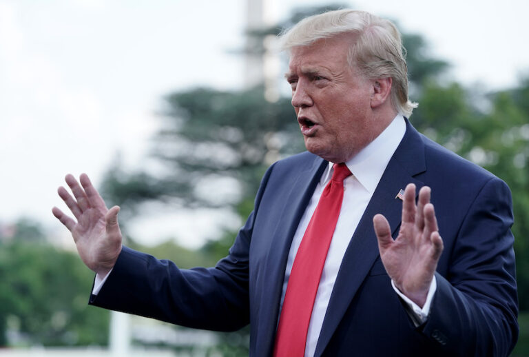 U.S. President Donald Trump talks to journalists while departing the White House August 01, 2019 in Washington, DC. (Chip Somodevilla/Getty Images)