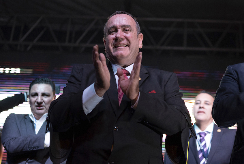 Alejandro Giammatei presidential candidate of the Vamos party arrives at a celebration rally in  Guatemala City, Sunday, Aug. 11, 2019. The second-round presidential runoff has ex-first lady Sandra Torres running against conservative Alejandro Giammattei in a nation beset by poverty, unemployment and emigration (AP Photo/ Santiago Billy) (AP Photo/ Santiago Billy)